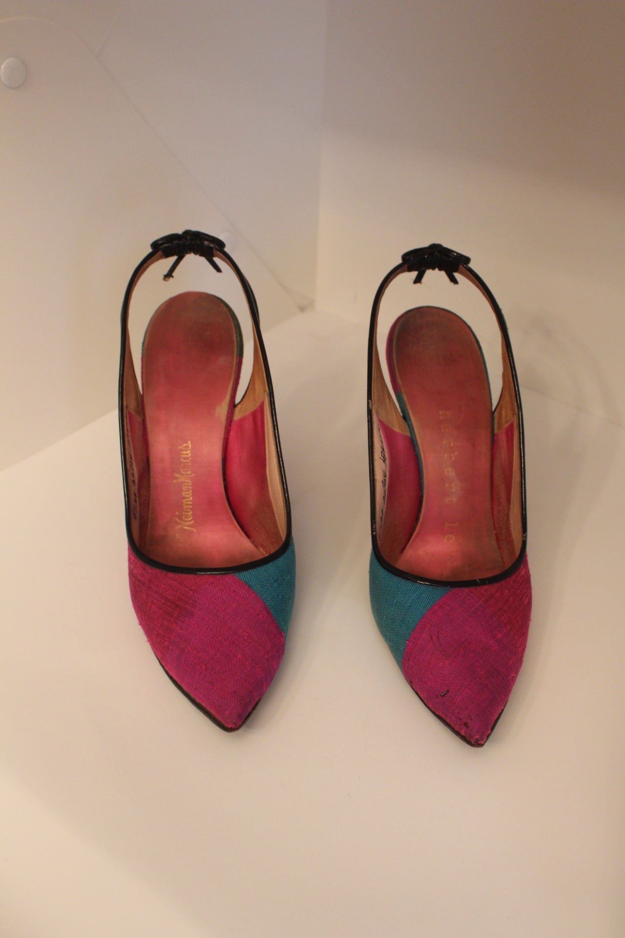 Neiman Marcus Pink, Blue, Green Silk Sling Back Heels, Size: 6 1/2 AA