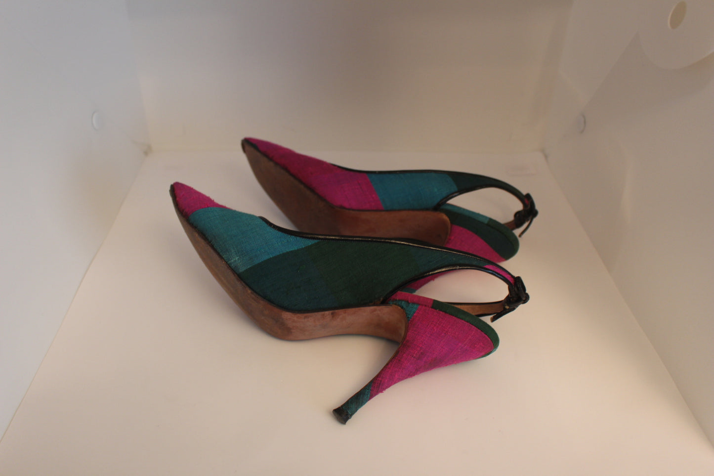 Neiman Marcus Pink, Blue, Green Silk Sling Back Heels, Size: 6 1/2 AA