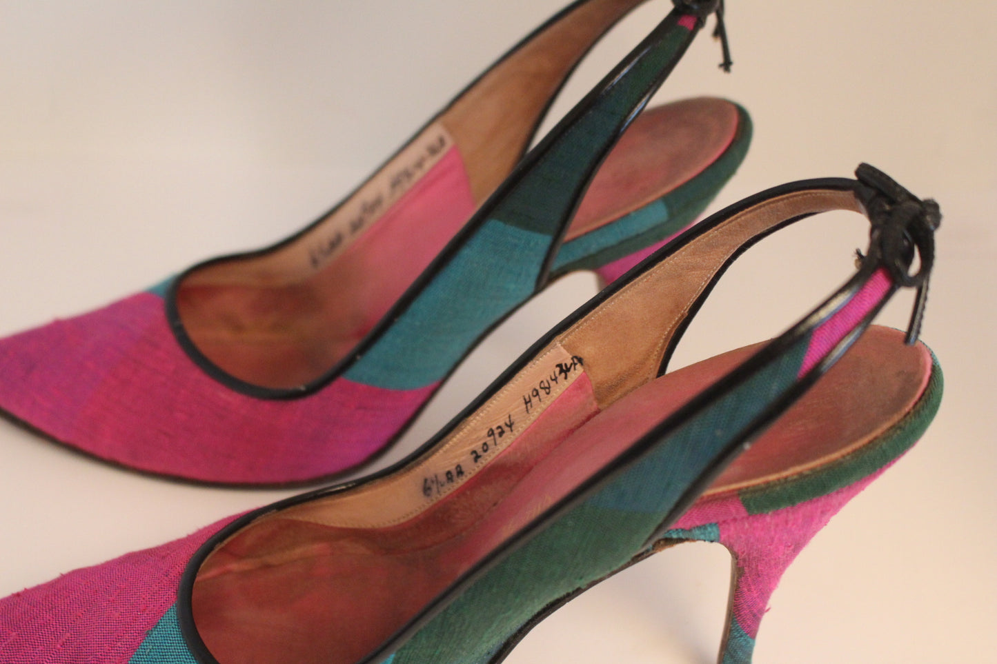 Neiman Marcus Pink, Blue, Green Silk Sling Back Heels, Size: 6 1/2 AA