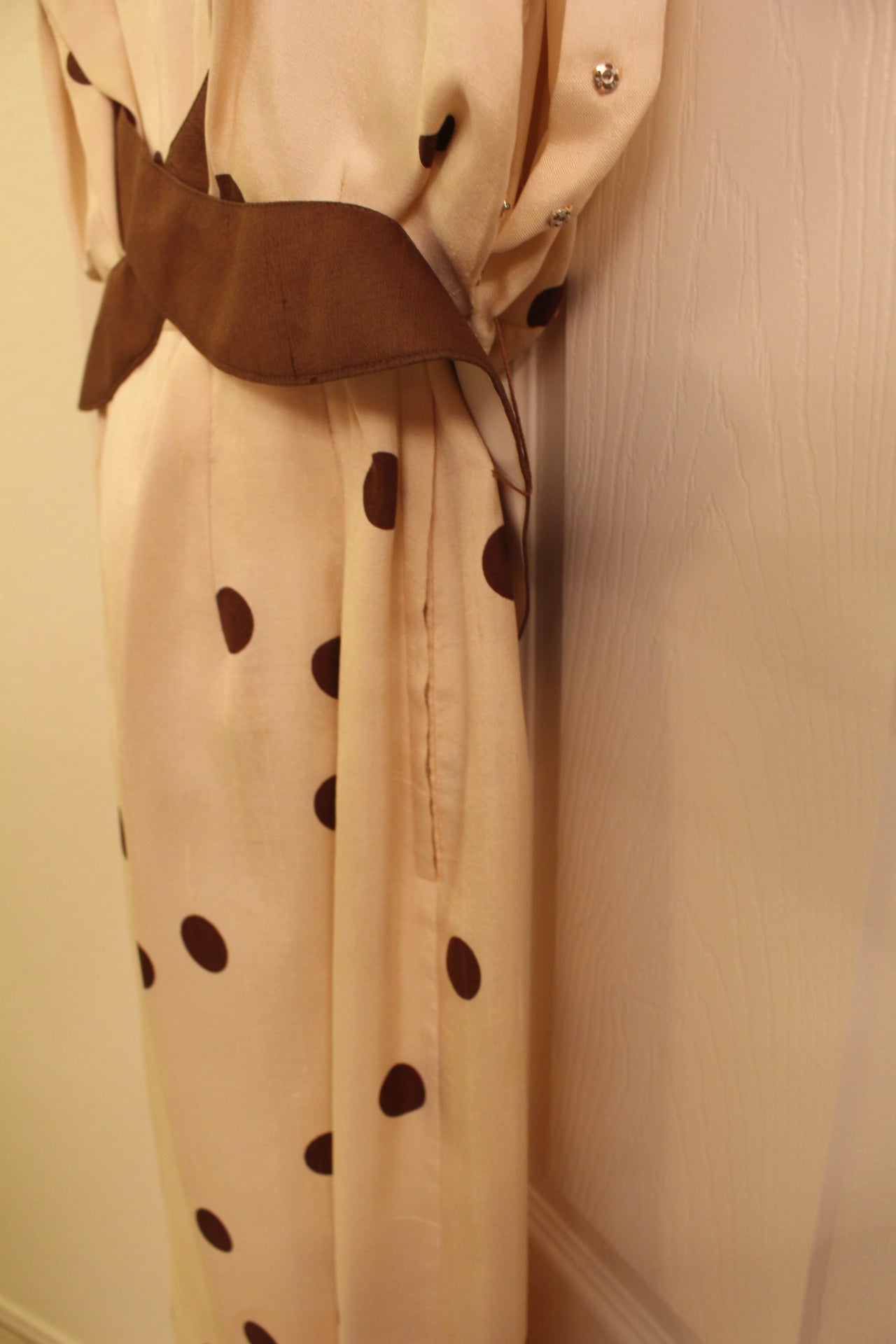 Off White and with Brown Polka Dots Silk Dress (XS)