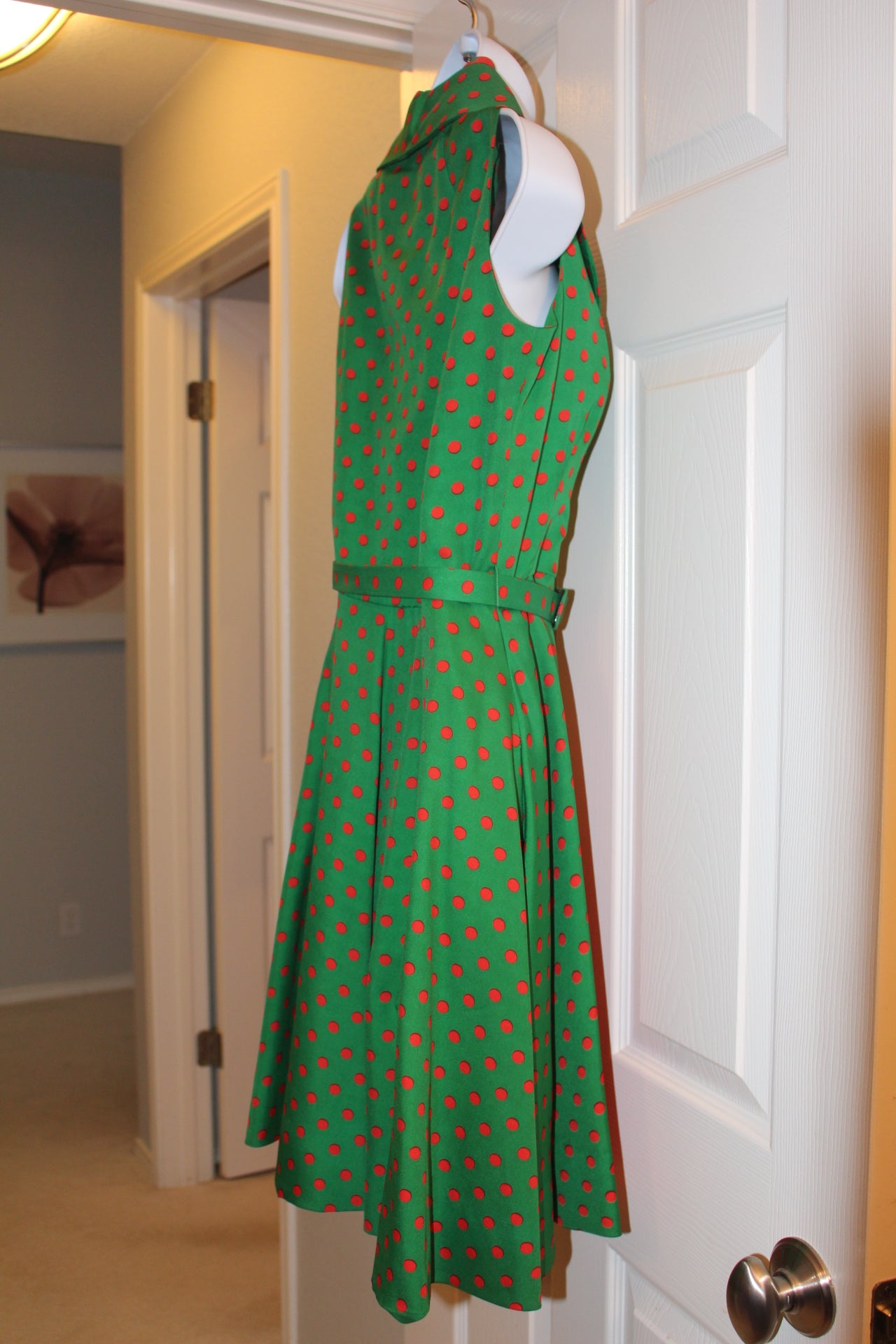 Geoffrey Beene Sleeveless Green Dress with Red Polka Dot (XS)