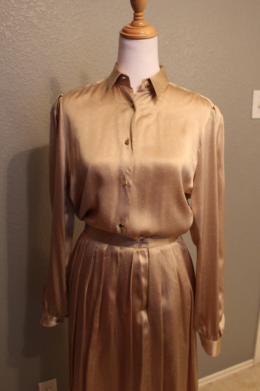 Vintage 70s/80s Silk Light Gold Dotted Blouse and Skirt Set – Small (SM)